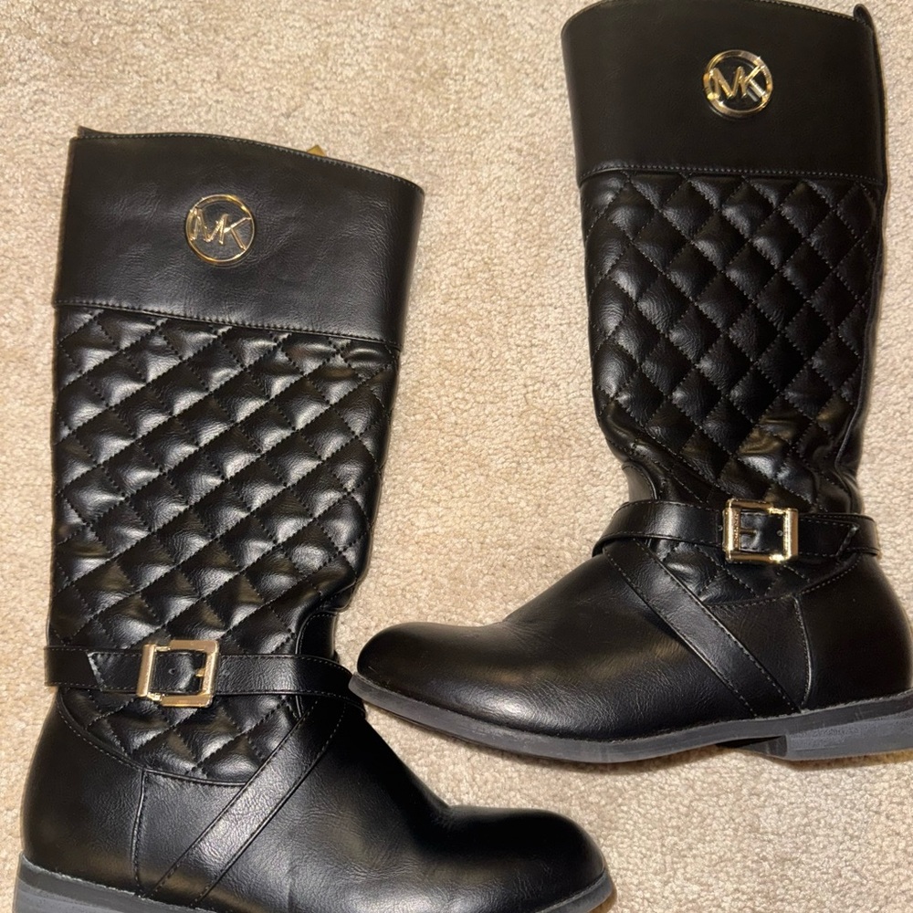 Michael Kors Black Quilted Boots with Gold Buckle